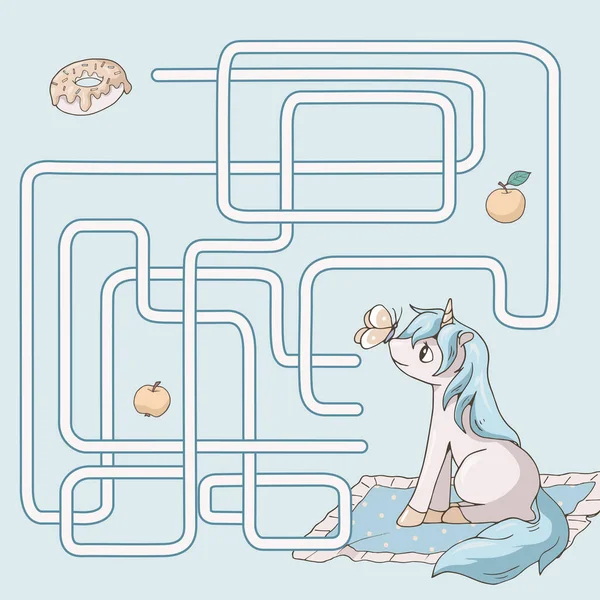 Labyrint Maze Spel För Barn Hjälp Söta Tecknade Enhörningen Hitta — Stock vektor