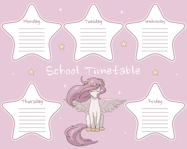 Calendário Para Escola Modelo Planejador Semanal Com Pegasus Desenho Animado —  Vetores de Stock