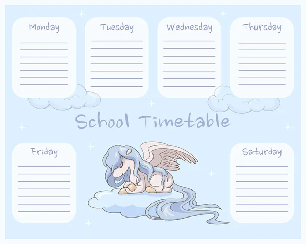 Calendário Para Escola Modelo Planejador Semanal Com Pegasus Desenho Animado —  Vetores de Stock