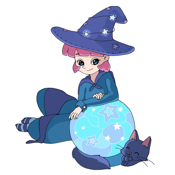 Cute Cartoon Witch Her Black Cat Magic Ball Vector Illustration — Stock Vector