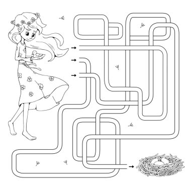 Labirent. Çocuklar için labirent oyunu. Tatlı çizgi filmci kızın kuşu yuvaya yerleştirmesine yardım et. Yumurtalarla yuvaya giden yolu bul. Boyama kitabı için beyaz ve siyah vektör çizimi.