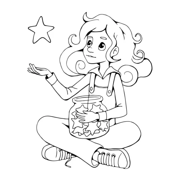 Cartoon Girl Sitting Cross Legged Holding Glass Jar Stars Her — Stock Vector