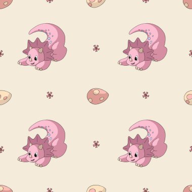 Dinozor temalı çizimlerden yapılmış kusursuz desen. Şirin bir karikatür dinozor (triceratops) ve yumurtalar. Tasarım için uçsuz bucaksız doku. Çocuk ürünleri (oda, giysi, kırtasiye) için. Pastel renkler.