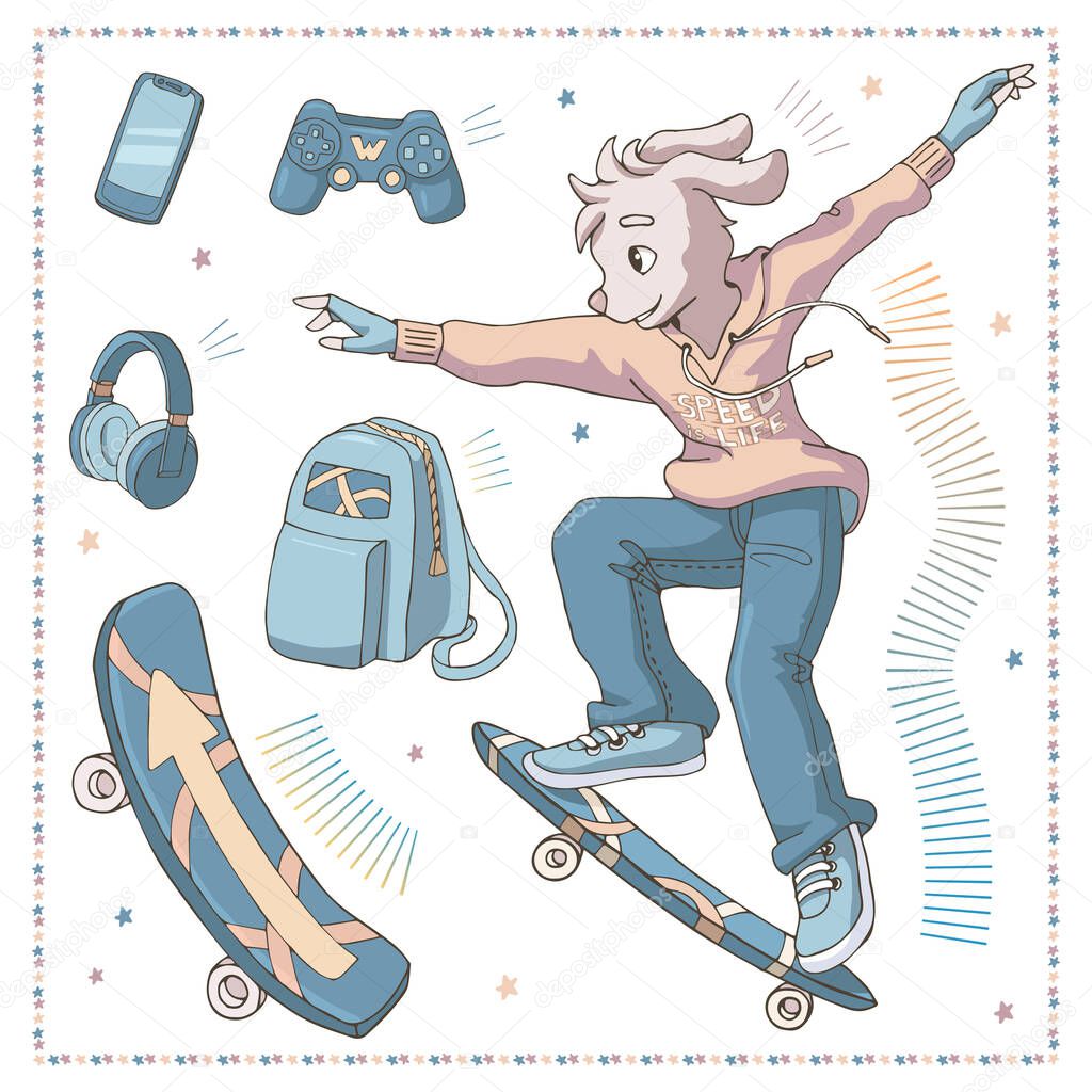 Cute cartoon anthropomorphic dog on a skateboard and his gadgets. Vector illustration. Isolated objects on white background. Decor elements for gift card and kids products. Teenager's life.