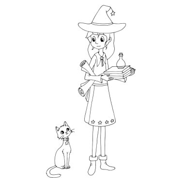 Kitaplar, iksir ve parşömen tutan sevimli çizgi roman cadısı ve kedisine bakıyor. Boyama kitabı için beyaz ve siyah vektör çizimi. Cadılar Bayramı teması.