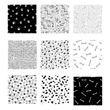 Basit beyaz ve siyah desenler. Tasarım için uçsuz bucaksız doku. Vektör kusursuz arkaplan çizimi. Köpek teması.