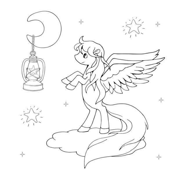 Cute Cartoon Pegasus Standing Cloud Watching Moon White Black Vector — Stock Vector