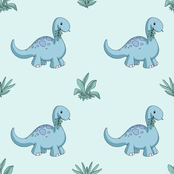 Dinozor temalı çizimlerden yapılmış kusursuz desen. Şirin karikatür dinozor (diplodocus) ve yapraklar. Tasarım için uçsuz bucaksız doku. Çocuk ürünleri (oda, giysi, kırtasiye) için. Turkuaz pastel renkler.