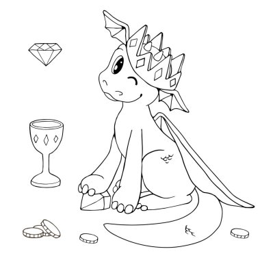 Çizgi film ejderhası ve hazineleri: altın taç, kadeh ve sikkeler. Beyaz arkaplandaki izole nesneler. Boyama kitabı için beyaz ve siyah vektör çizimi. Oturan sihirli yaratık.