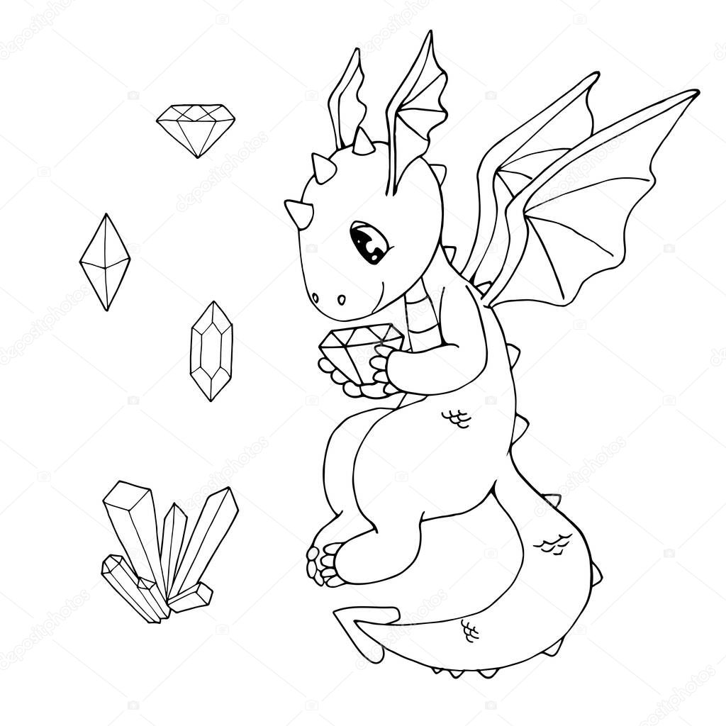 ute cartoon dragon with a gemstone and various crystals. Isolated objects on white background. White and black vector illustration for coloring book. Flying magical creature.
