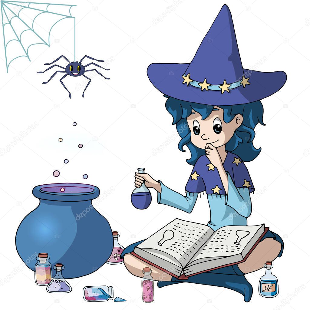 Cute cartoon witch sitting crossed legs near her cauldron, holding a magic potion and reading a spell book. Halloween theme.  Decor element for kids products, T-shirts and greeting cards