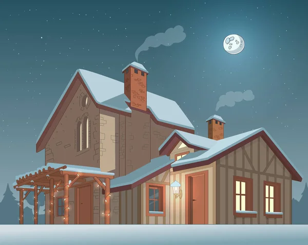 Viktorianisches Altes Haus Mit Weihnachtsgirlanden Geschmückt Winternacht Draußen Vollmond Und — Stockvektor