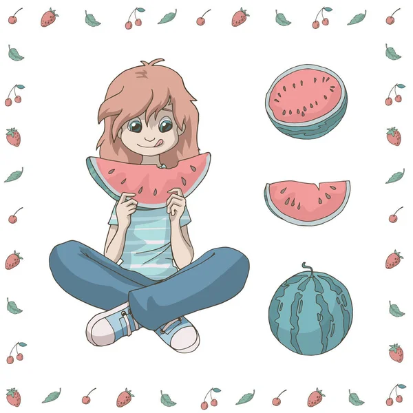 Cartoon Girl Eating Watermelon Whole Half Slice Berries Frame Square — Stock Vector