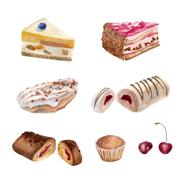 一套各种各样的甜点 甜面包 水彩画 白色背景上的孤立物体 — 图库照片
