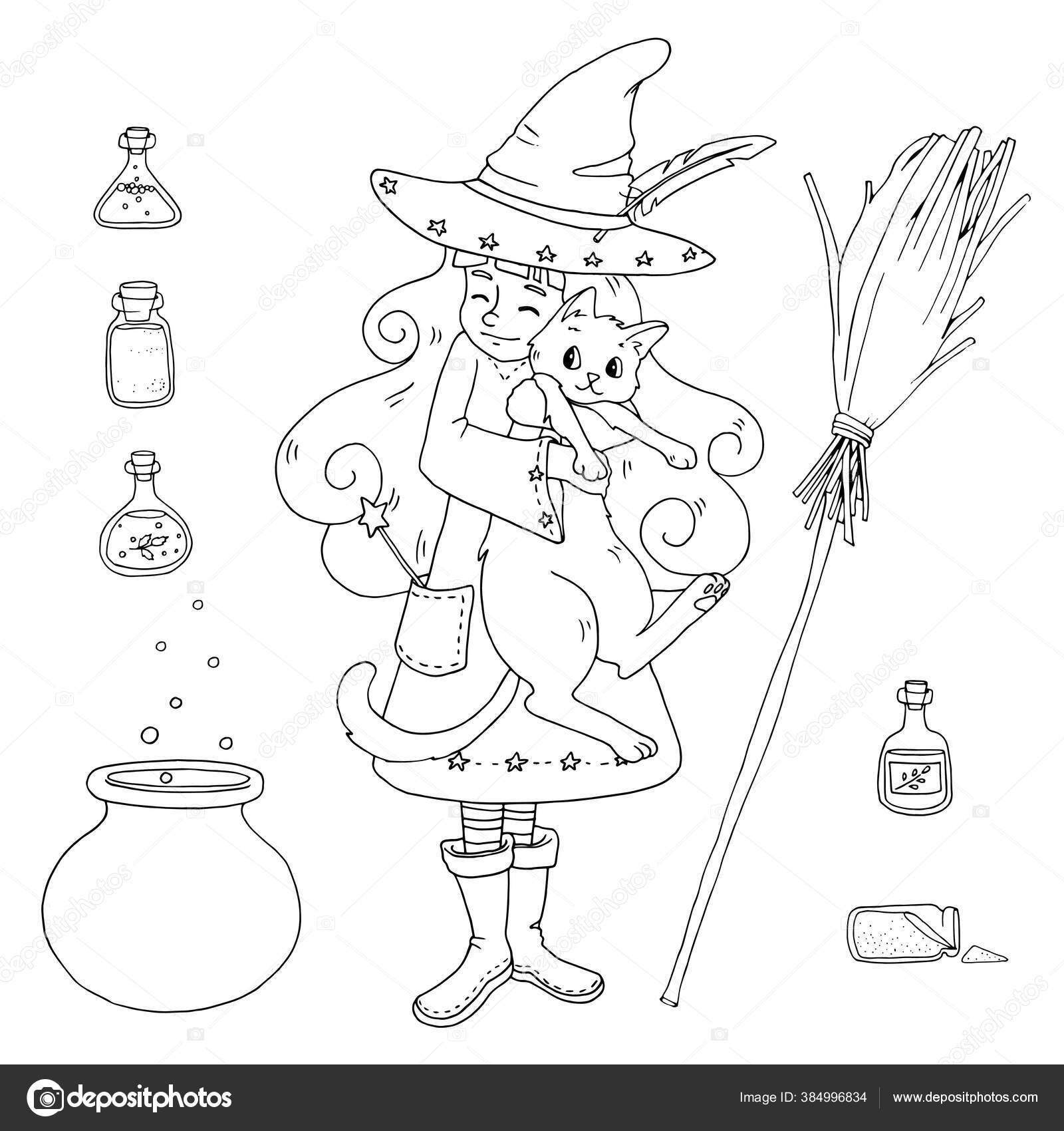 Bruxa fazendo poção para colorir - Imprimir Desenhos