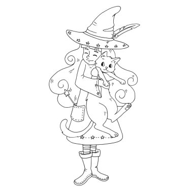 Kollarında kedi tutan sevimli çizgi film cadısı. Genç büyücü evcil hayvanını kucaklıyor. Boyama kitabı için beyaz ve siyah vektör çizimi.
