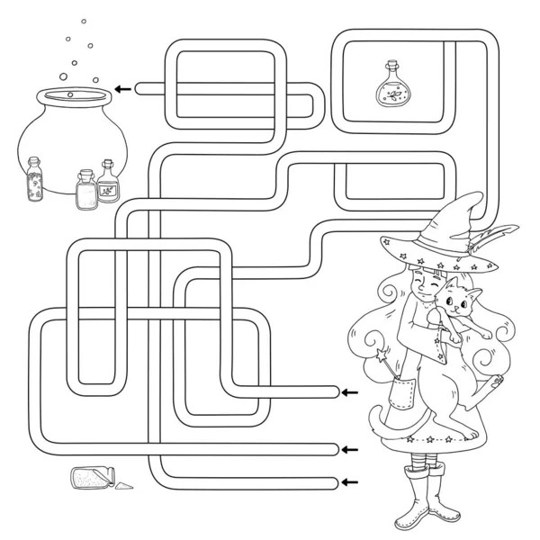 迷宫般的迷宫 儿童迷宫游戏 帮助可爱的卡通巫婆与她的黑猫找到通向魔法大锅和各种药瓶的道路 彩色书籍的白色和黑色矢量插图 — 图库矢量图片