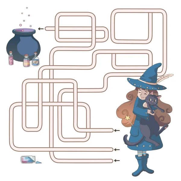 迷宫般的迷宫 儿童迷宫游戏 帮助可爱的卡通巫婆与她的黑猫找到通向魔法大锅和各种药瓶的道路 矢量说明 — 图库矢量图片
