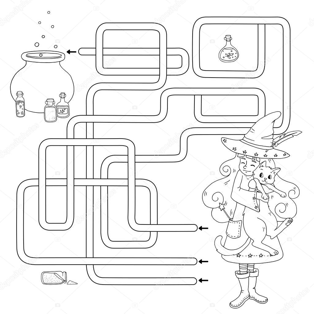 Labyrinth. Maze game for kids. Help cute cartoon witch with her black cat find path to magic cauldron and various bottles of potion. White and black vector illustration for coloring book.
