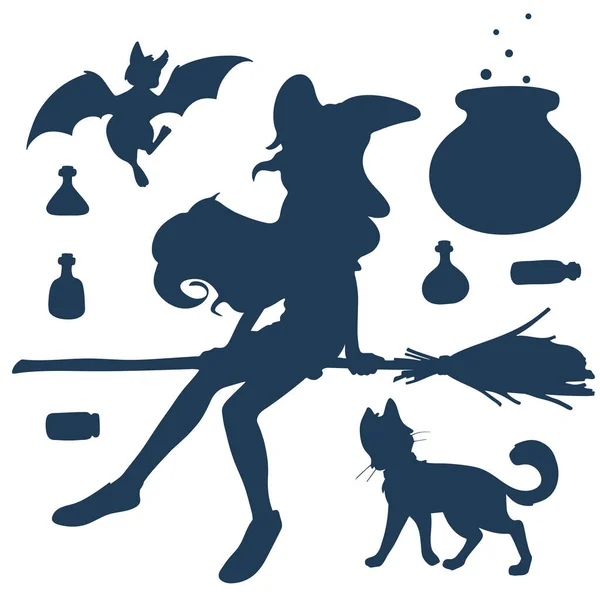 可爱的卡通巫婆与她的猫 蝙蝠和各种药瓶 神奇的扫帚和大锅 与万圣节有关的一套矢量巫术轮廓 白色背景上的孤立物体 — 图库矢量图片