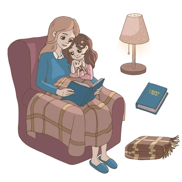 Anne kızına bir peri masalı okur. Vektör çizimi. Anne gece için çocuğuna bir kitap okuyor. Beyaz arkaplandaki izole nesneler. Hediye kartı ve çocuk ürünleri için dekor unsurları.