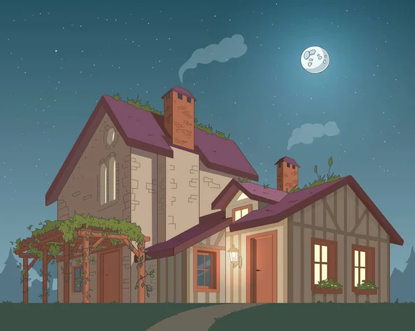 Viktorianisches Altes Haus Sommernacht Draußen Vollmond Und Sternenhimmel Vektorillustration Bauernhaus — Stockvektor