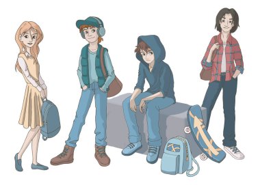 Bir grup genç insan. Vektör çizimi. Beyaz arkaplandaki izole nesneler. Gençlerin hayatı..