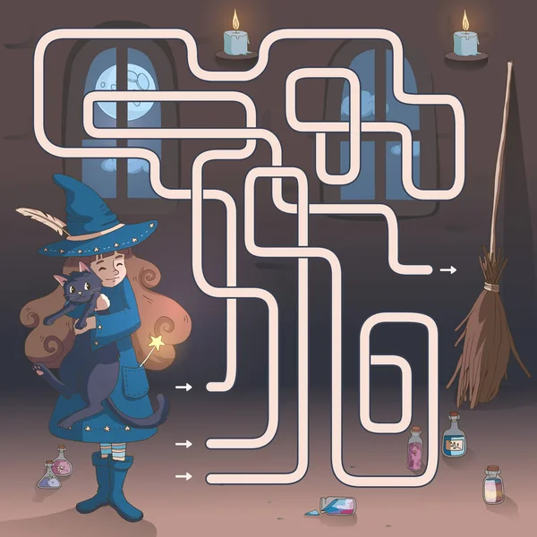 Labyrinth Maze Spiel Für Kinder Helfen Sie Niedlichen Cartoon Hexe — Stockvektor