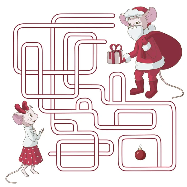 迷宫般的迷宫 儿童迷宫游戏 帮助圣诞老人老鼠送给老鼠女孩礼物 去找女孩的路圣诞节矢量图解 — 图库矢量图片