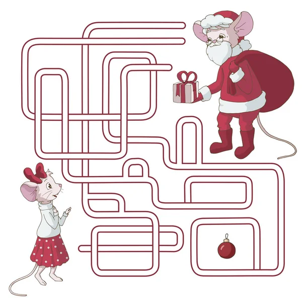Labirent. Çocuklar için labirent oyunu. Noel Baba faresinin fare kıza hediye vermesine yardım et. Kıza giden yolu bul. Noel vektör illüstrasyonu.