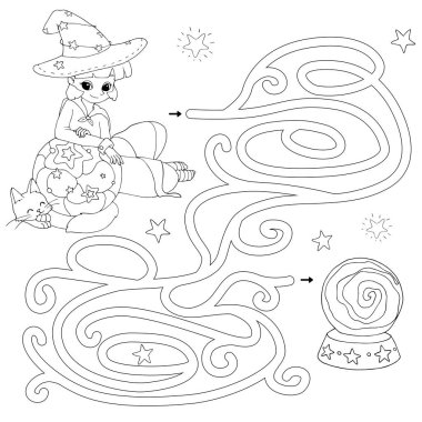 Labirent. Çocuklar için labirent oyunu. Kahin küreye giden yolu bulmasına yardım et. Boyama kitabı için beyaz ve siyah vektör çizimi.