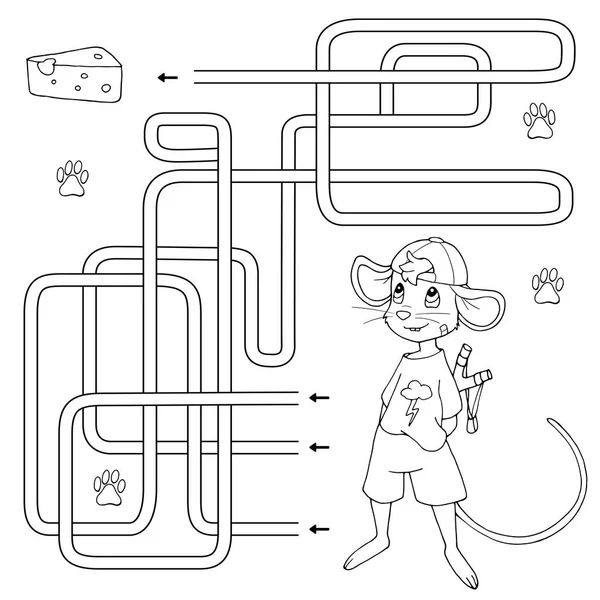 Labirinto Gioco Labirinto Bambini Aiuta Carino Ragazzo Mouse Cartone Animato — Vettoriale Stock