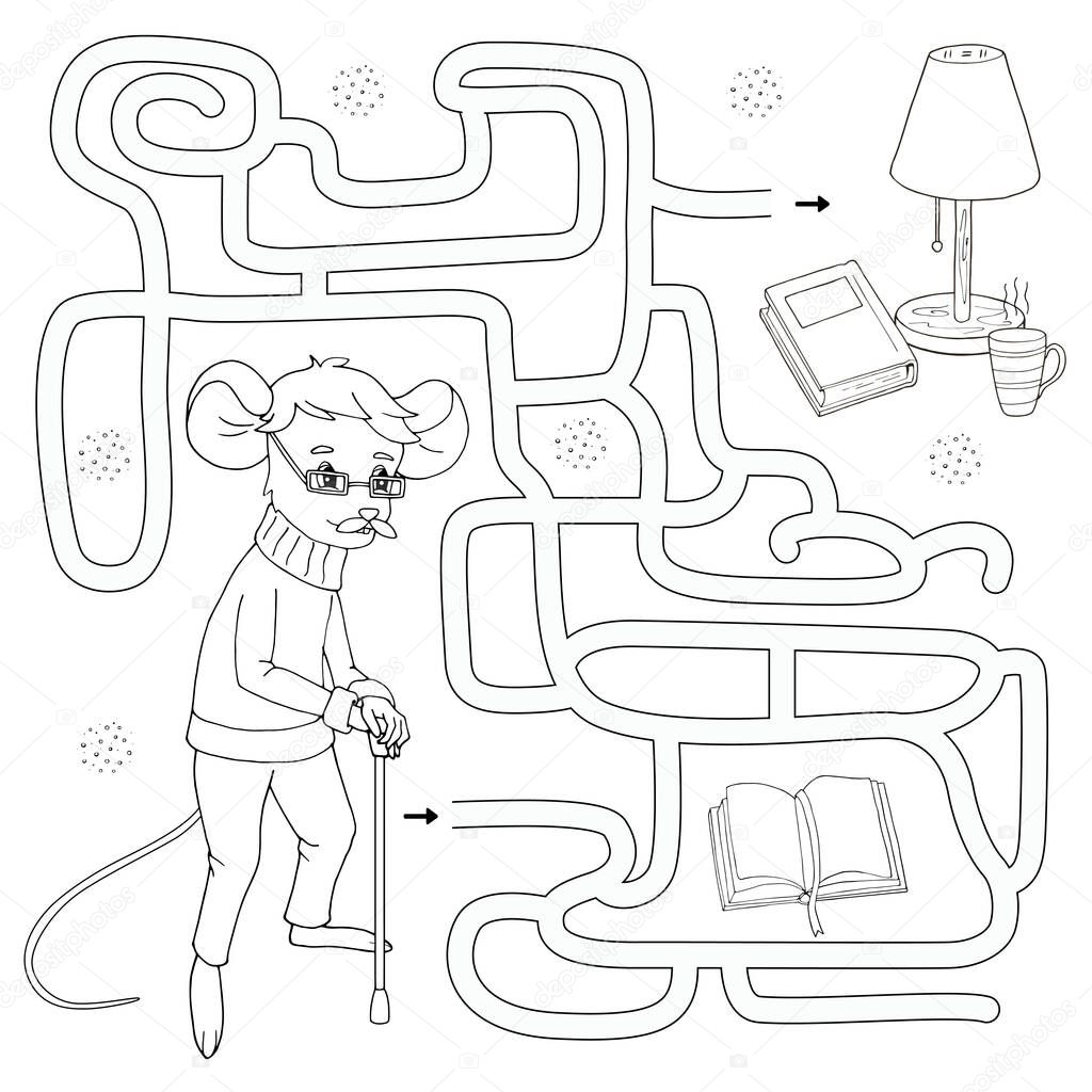 Labyrinth. Maze game for kids. Help cute cartoon grandfather mouse find path to his book. White and black vector illustration for coloring book.