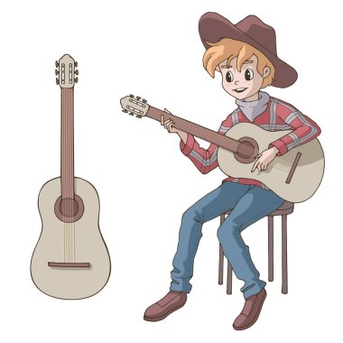 Gitar çalan sevimli kovboy çocuk. Genç gitarist. Müzik dersi. Beyaz üzerine izole nesneler. Çocuk ürünleri için dekor öğesi (oda, giysi, kırtasiye). Vektör çizimleri kümesi.