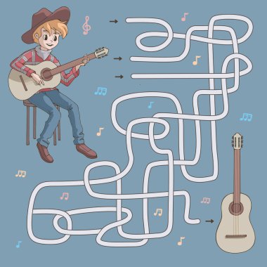 Labirent. Çocuklar için labirent oyunu. Güzel bir çizgi film gitaristinin gitarına giden yolu bulmasına yardım et. Vektör çizimi. Mavi ve kahverengi renkler.