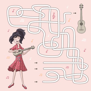 Labirent. Çocuklar için labirent oyunu. Tatlı çizgi film kızına ukulele yolunu bulmasında yardım et. Vektör illüstrasyonu.