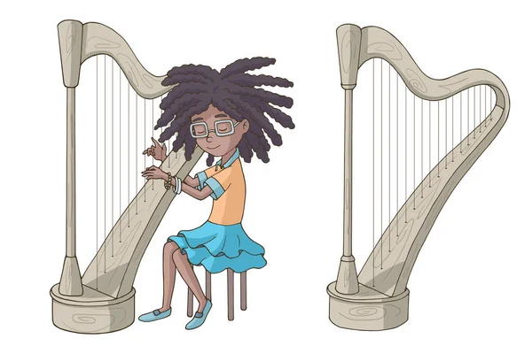 Söt Tecknad Afro Amerikansk Tjej Som Spelar Harpa Unge Harper — Stock vektor