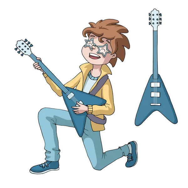 Mignon Garçon Dessin Animé Debout Genou Jouer Guitare Électrique Jeune — Image vectorielle