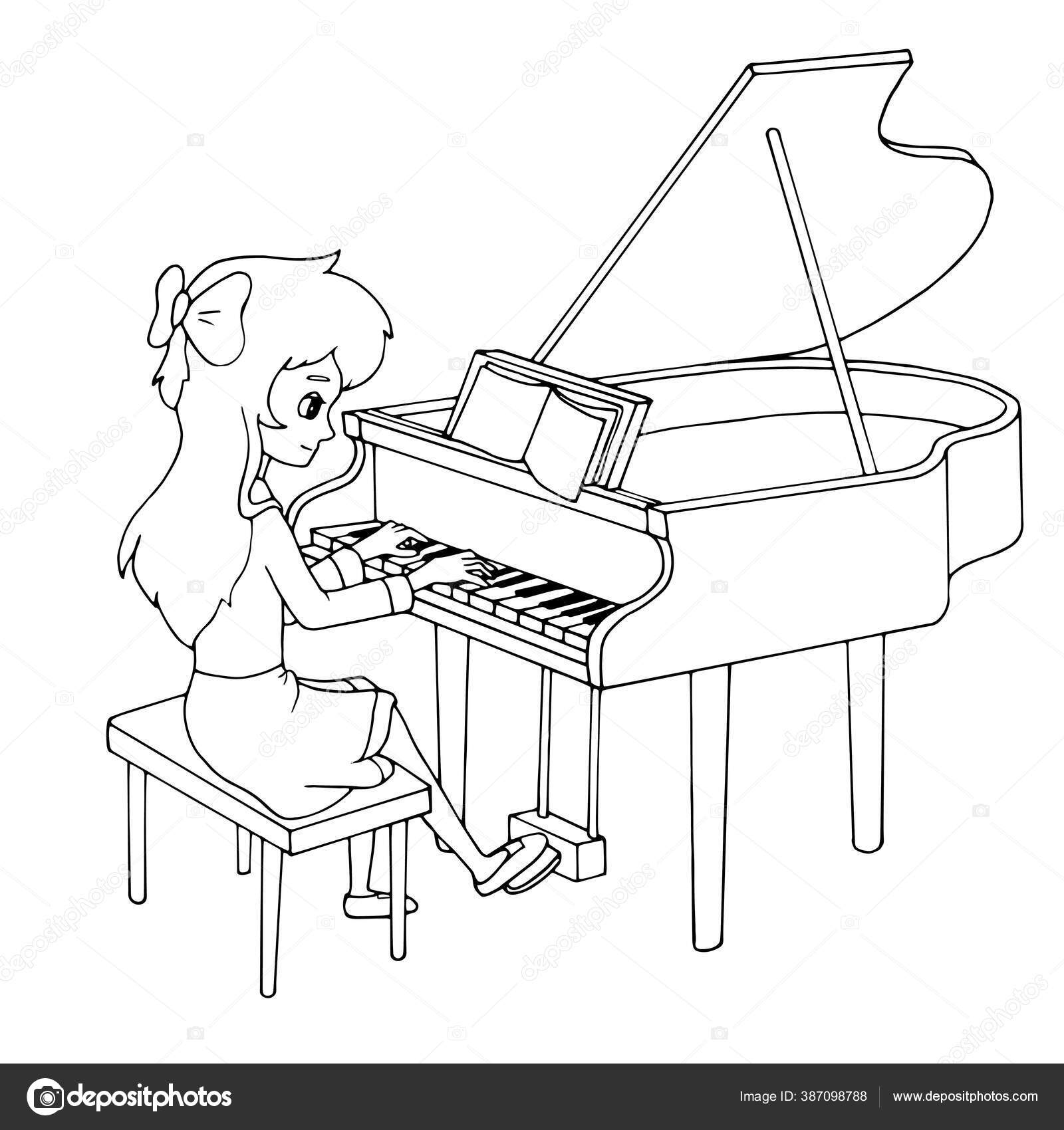 grand piano cartoon black and white