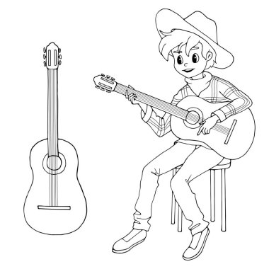 Gitar çalan sevimli kovboy çocuk. Boyama kitabı için beyaz ve siyah vektör çizimi. Müzik dersi. Ayrı nesneler beyaz üzerine.