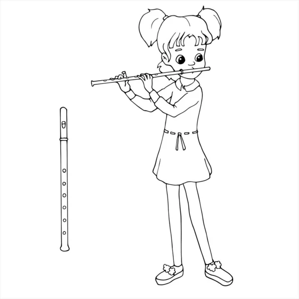 笛を吹くかわいい漫画の女の子 若いフルート奏者 音楽のレッスン 本を着色するための白と黒のベクトルイラスト 白い背景に孤立したオブジェクト — ストックベクタ