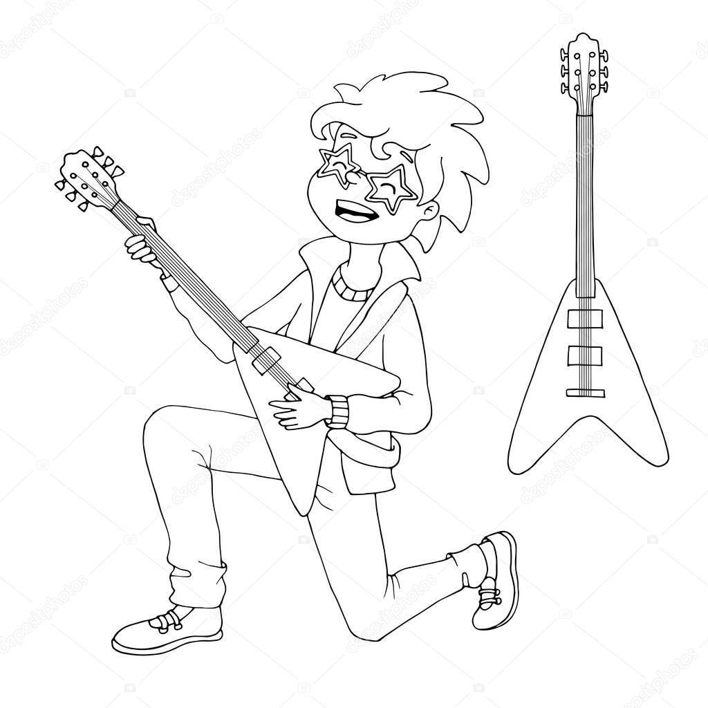 Cute cartoon boy standing knee and playing the electric guitar. Young guitarist. Music lesson. Decor element for kids products. White and black vector illustration for coloring book.