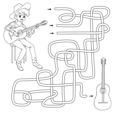 Labirent. Çocuklar için labirent oyunu. Güzel bir çizgi film gitaristinin gitarına giden yolu bulmasına yardım et. Boyama kitabı için beyaz ve siyah vektör çizimi.