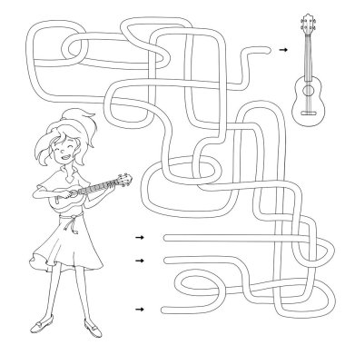 Labirent. Çocuklar için labirent oyunu. Tatlı çizgi film kızına ukulele yolunu bulmasında yardım et. Boyama kitabı için beyaz ve siyah vektör çizimi.