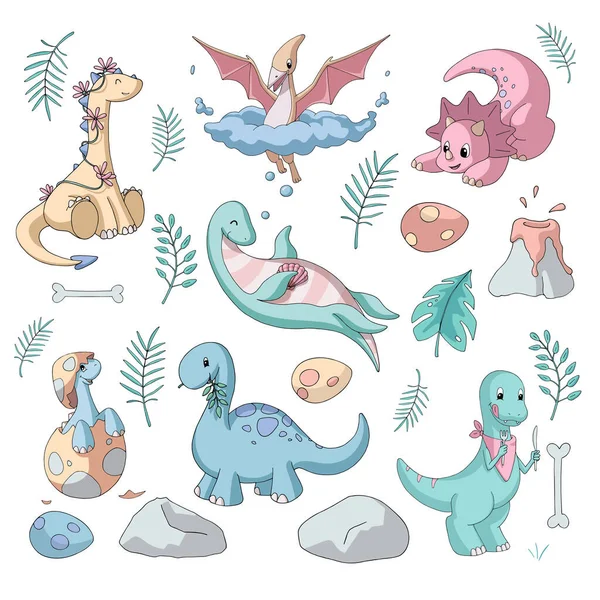 Sevimli karikatür dinozorlar (otçullar, uçan ve yüzen hayvanlar, yırtıcılar) ve jurasik elementler. Pastel renkler. Vektör çizimi. Çocuk ürünleri için beyaz arka planda izole nesneler.