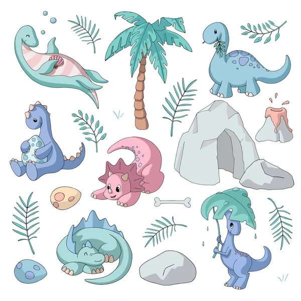 Bir dizi sevimli karikatür dinozorlar (otçullar ve yüzme) ve jurasik elementler (volkan, mağara, yumurta, tropikal yapraklar). Pastel renkler. Çocuk ürünleri için beyaz arka planda izole nesneler.
