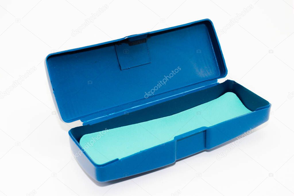A picture of eye goggles box on white background