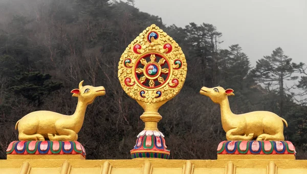 Dharma Wheel on the roof of a Tibetan Buddhist temple on the background of mystical foggy forest