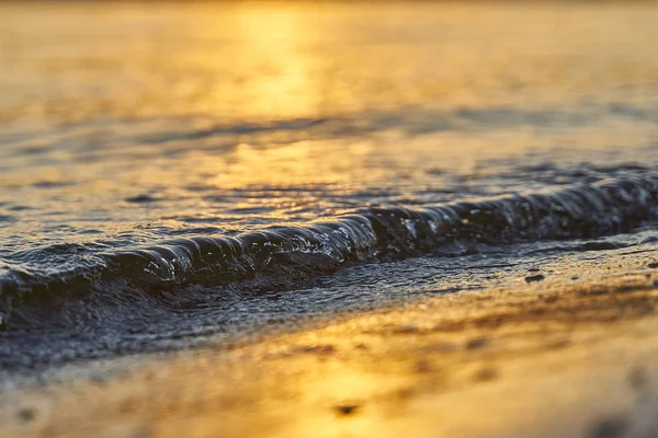 Closeup of rolling waves on a sandy beach at sunset. Golden hour background — Stock Photo, Image