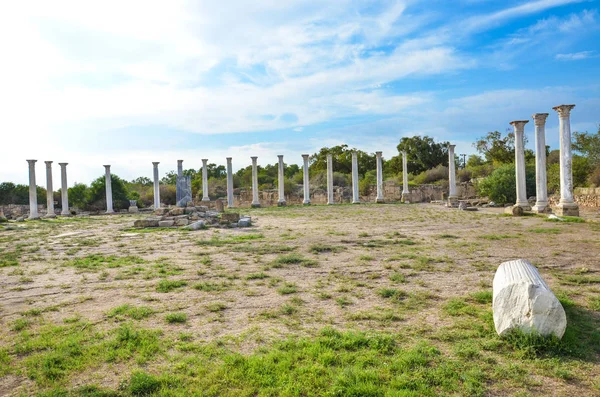 Gruppo di colonne corinzie in marmo appartenenti al complesso di rovine della città di Salamina nella Cipro settentrionale turca. Preso in una bella giornata con cielo parzialmente nuvoloso sopra — Foto Stock